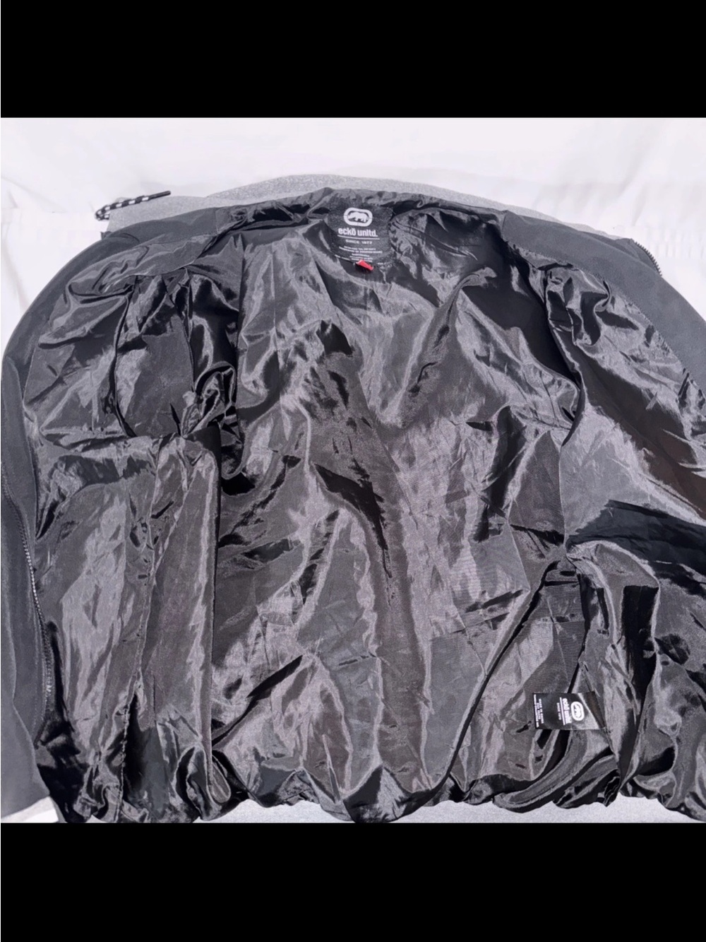 Ecko Unltd Rhino Hooded Zip Jacket Black Gray Stripe Cuffs Mens Y2K Streetwear - Picture 7 of 7